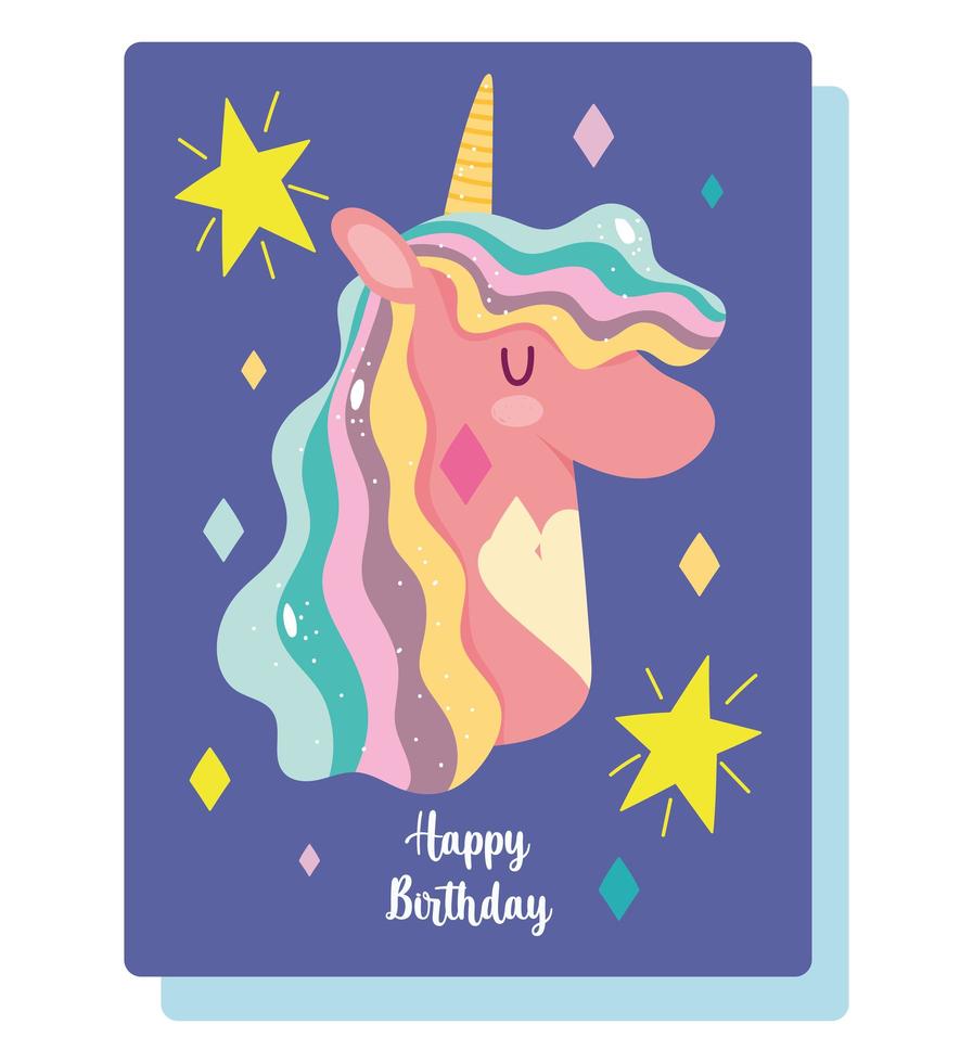 tarjeta de cumpleaños con cabeza de unicornio mágico vector