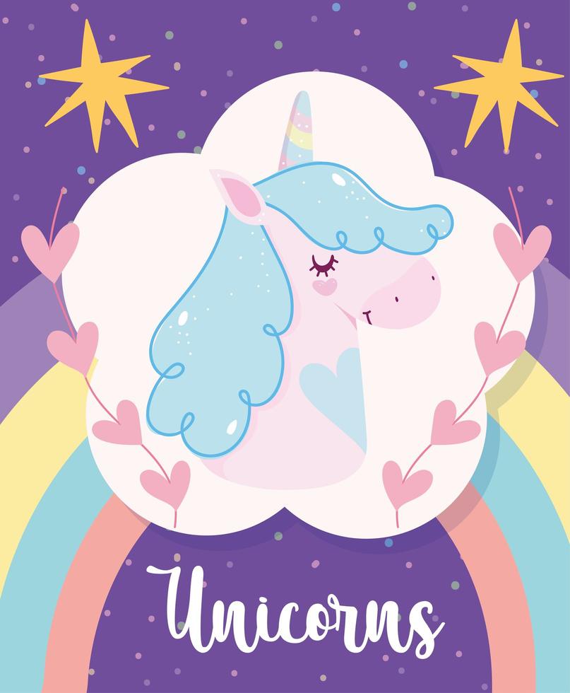 cabeza de unicornio mágico con arcoiris y estrellas vector