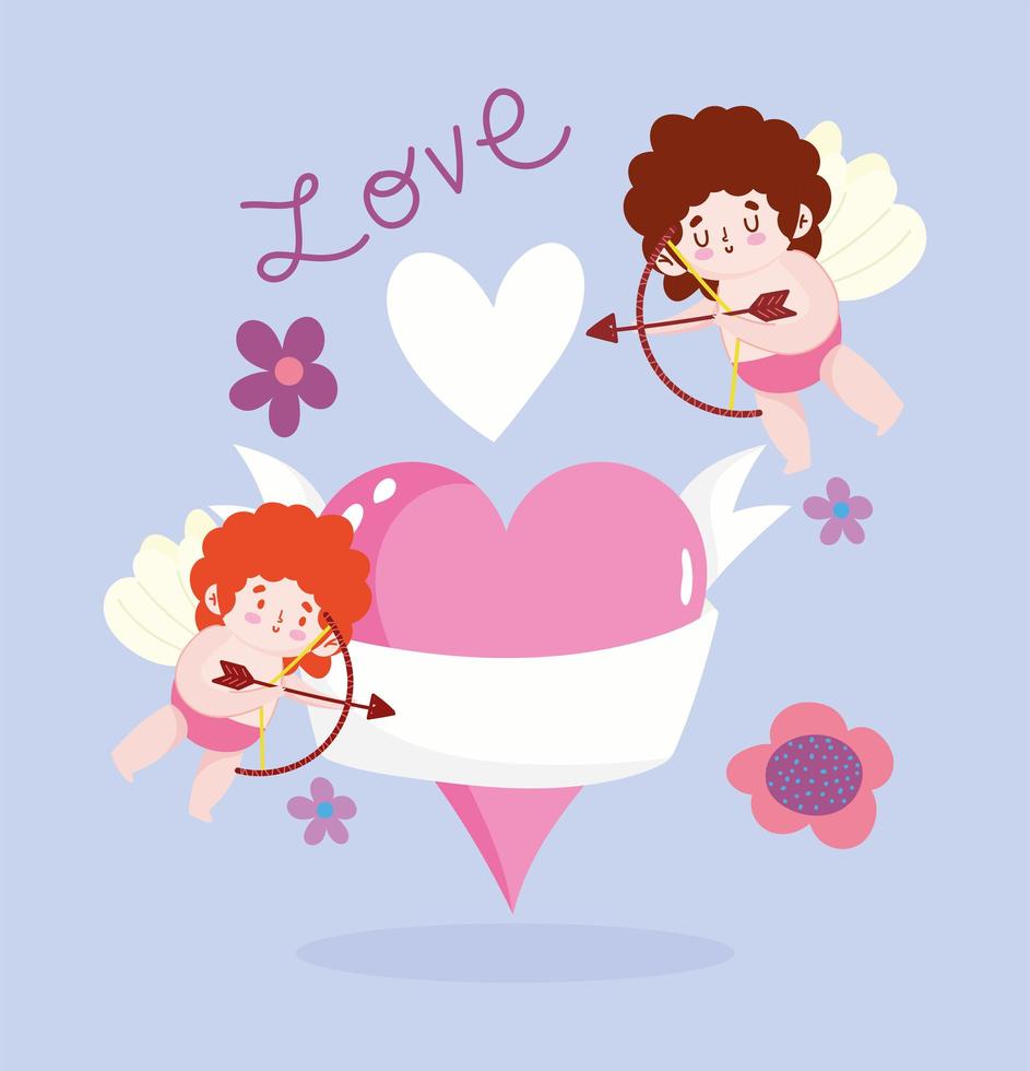 amor cupidos alados con corazones y flores vector