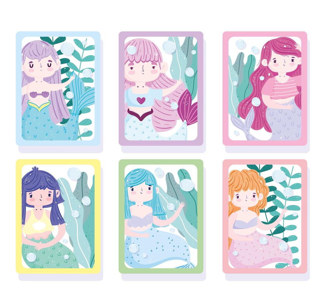 Set of cute little mermaid cartoon cards vector