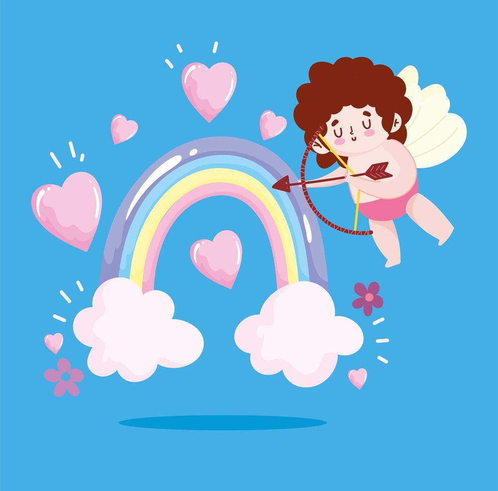 amor cupido con arco, flecha, arco iris y corazones vector