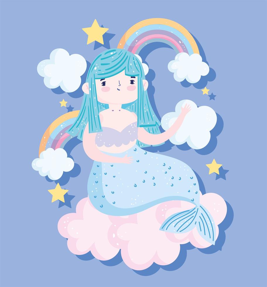 linda sirena azul de dibujos animados con arco iris vector