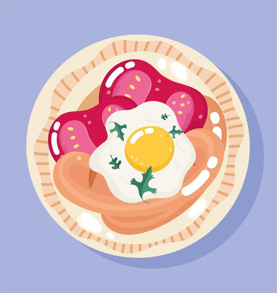 Food dinner in dish. Fried egg, tomatoes, and sausage vector