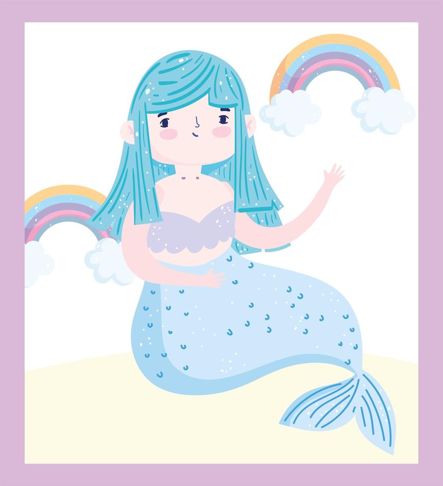 linda sirena azul de dibujos animados con arco iris vector