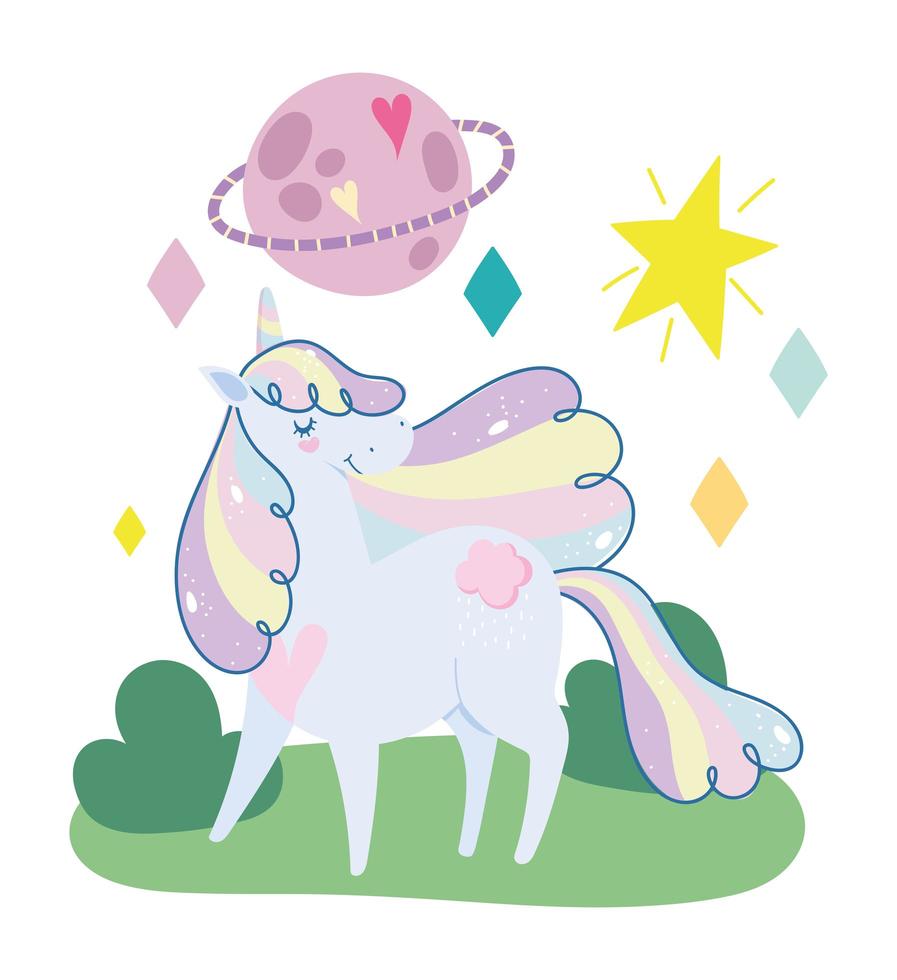 Magic pink unicorn outdoors with planet and star vector