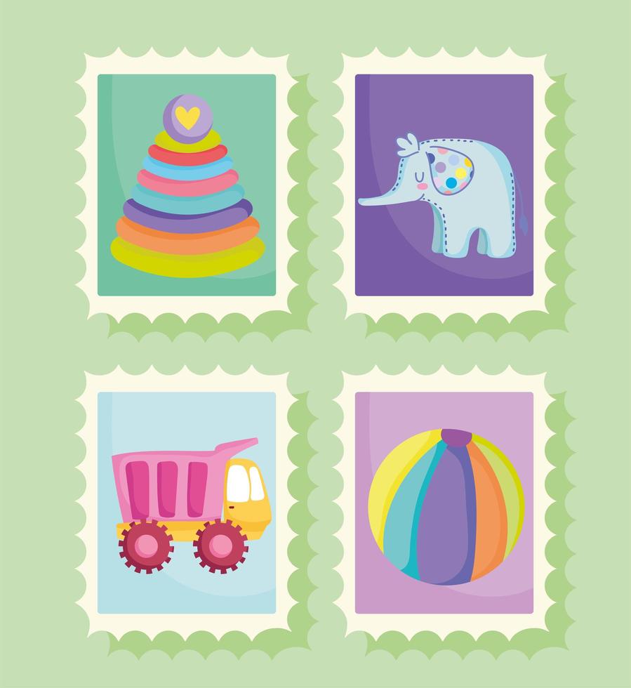 Toys for small kids cartoon in post stamps vector