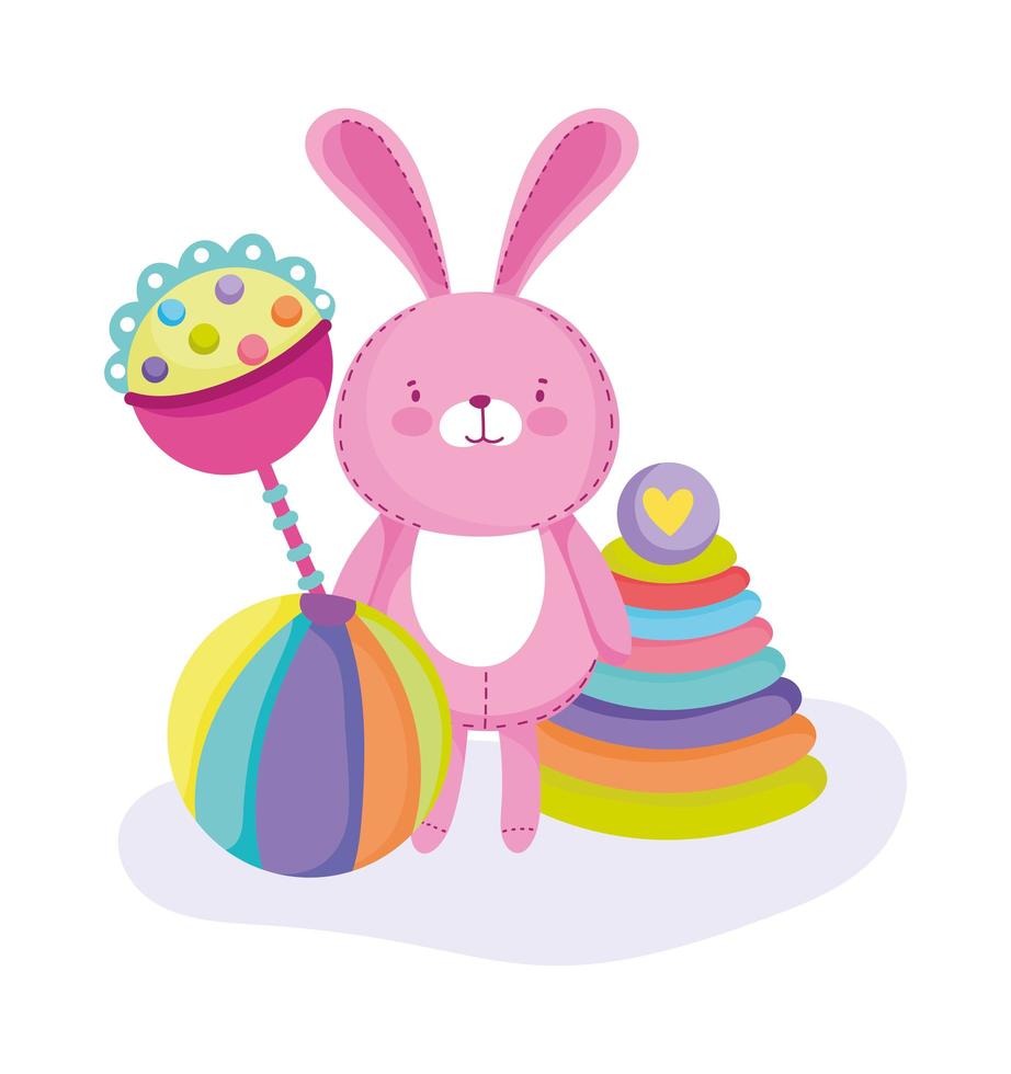 Cartoon pink rabbit, rattle, ball, and pyramid vector
