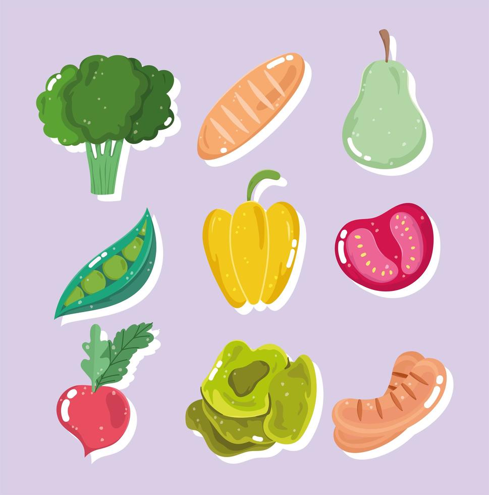 brócoli, pan, pera, guisantes, pimiento, tomate y rábano vector