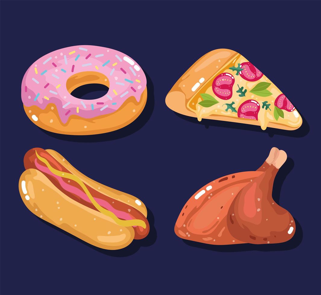 pizza, rosquilla, hot dog y pollo asado vector