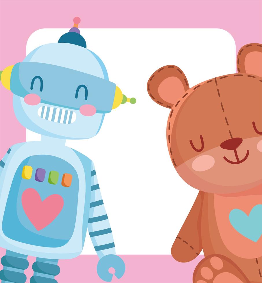 pequeño robot de dibujos animados y oso de peluche vector