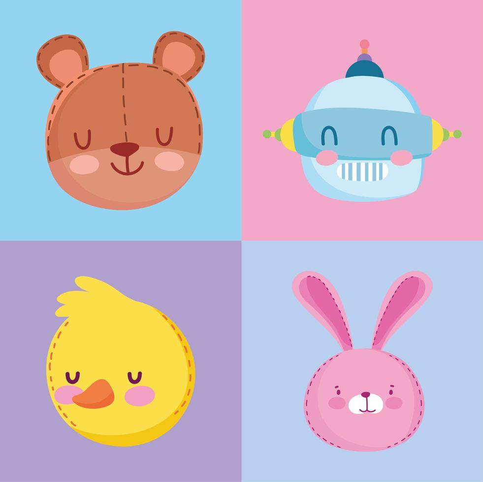 dibujos animados de caras de oso, conejo, pato y robot vector