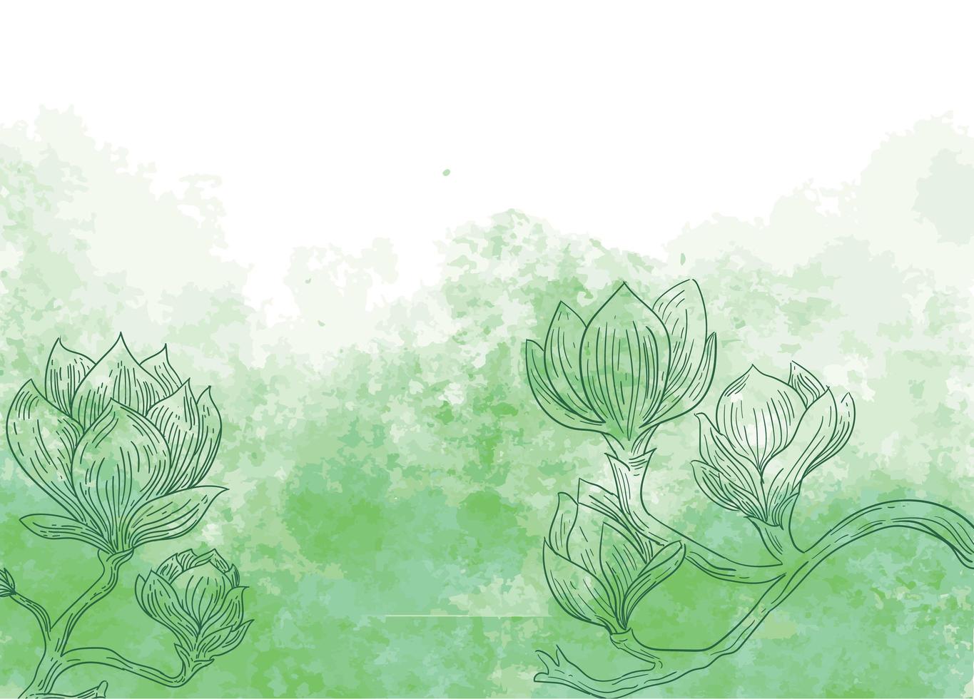 flores sobre fondo verde acuarela vector