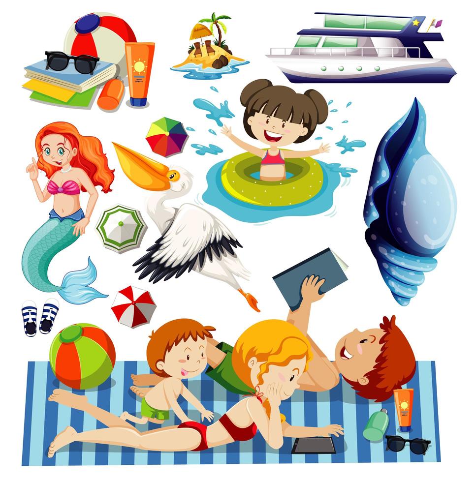 conjunto de estilo de dibujos animados de iconos de playa de verano vector