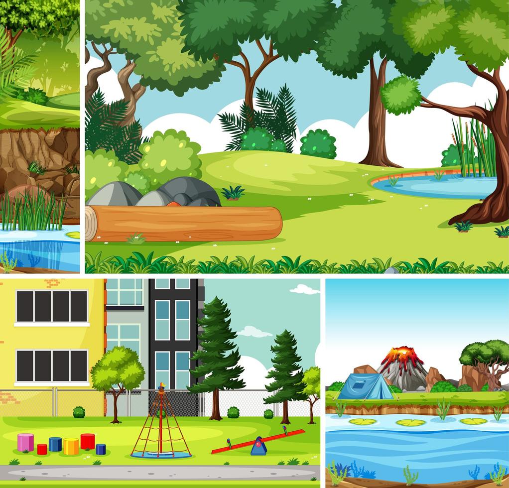 cuatro escenas diferentes en estilo de dibujos animados de entorno natural vector