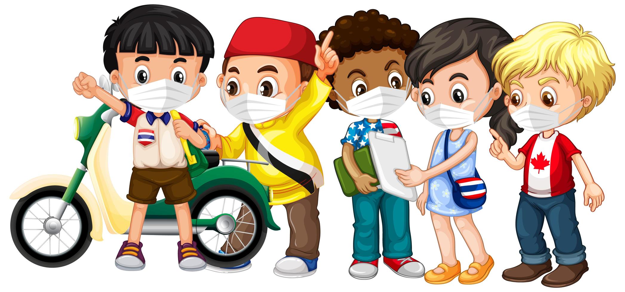 Multiple Cultures Kids Wearing Mask vector