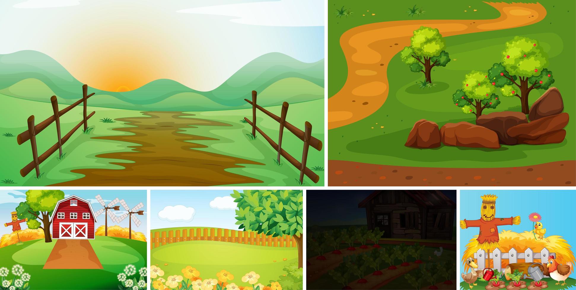 conjunto de estilo de dibujos animados de escena de granja vector
