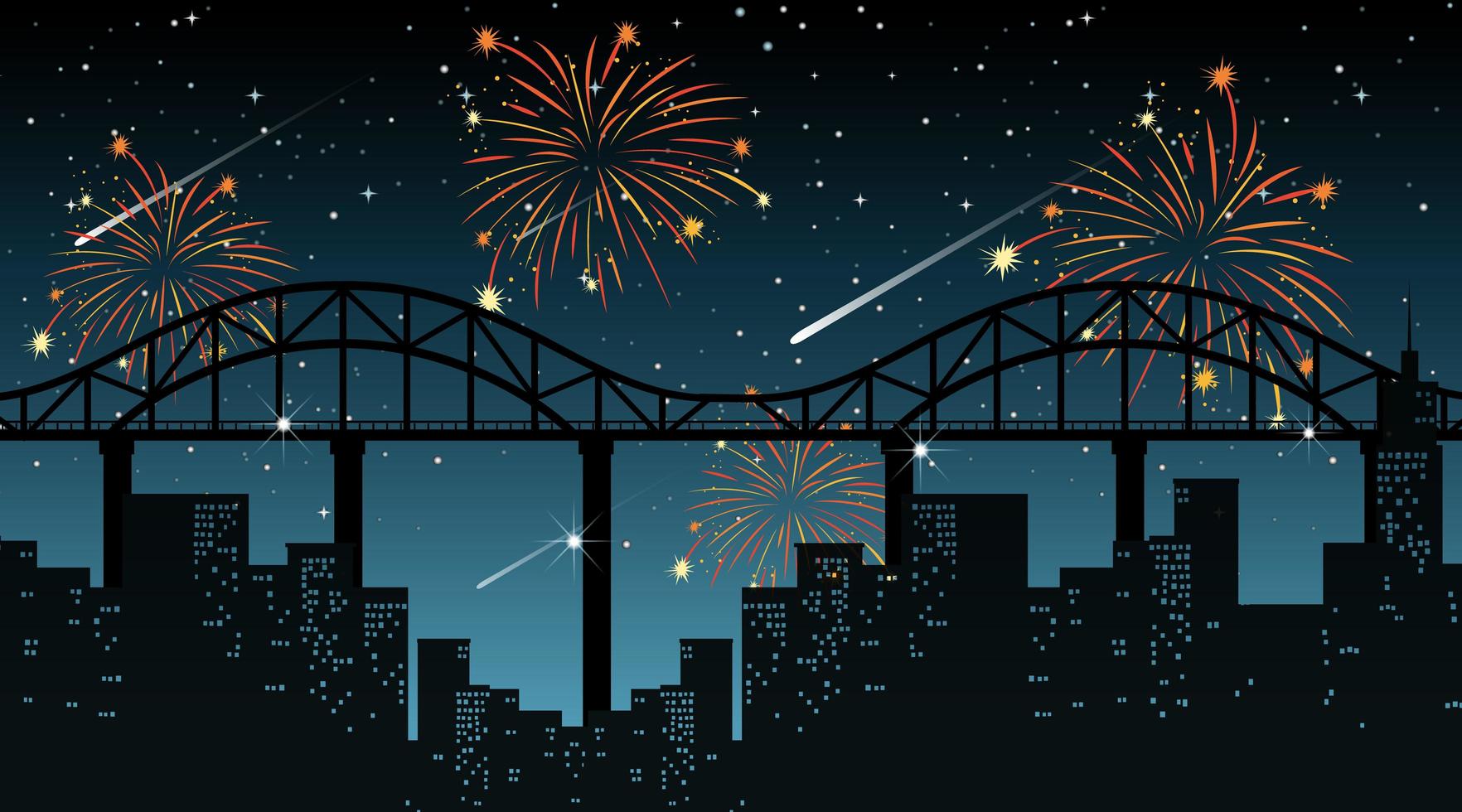 paisaje urbano con escena de fuegos artificiales de celebración vector