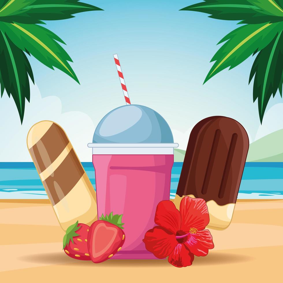 Ice cream and milk shake on beach vector