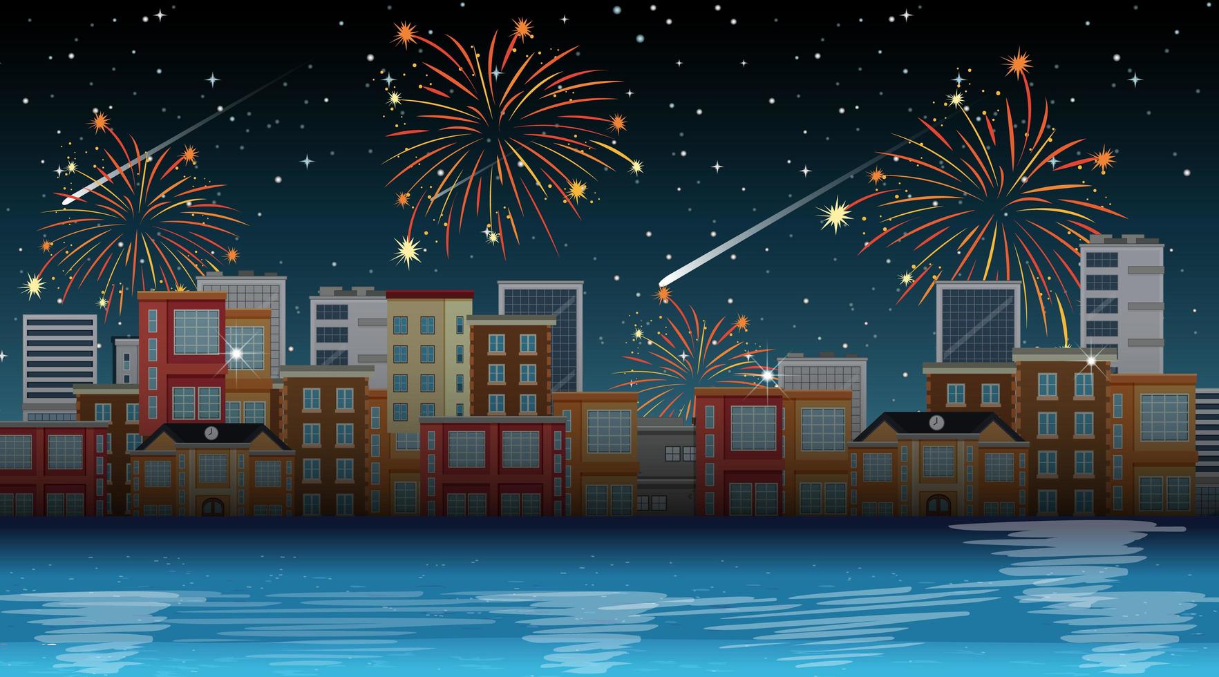 Cityscape with Celebration Fireworks Scene vector