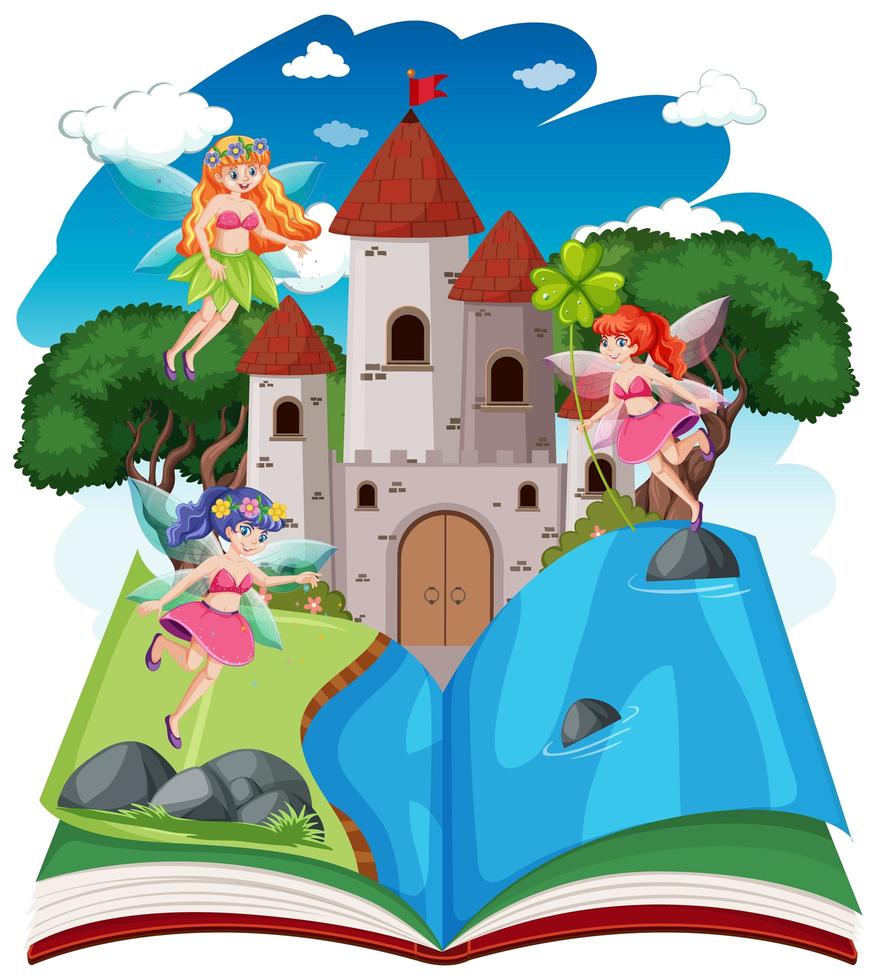 cuento de hadas y torre del castillo en libro emergente vector