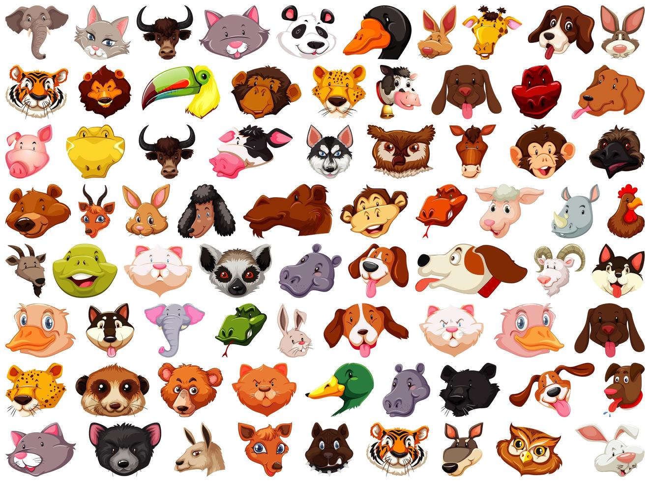 Set of Different Cartoon Animal Heads on White vector
