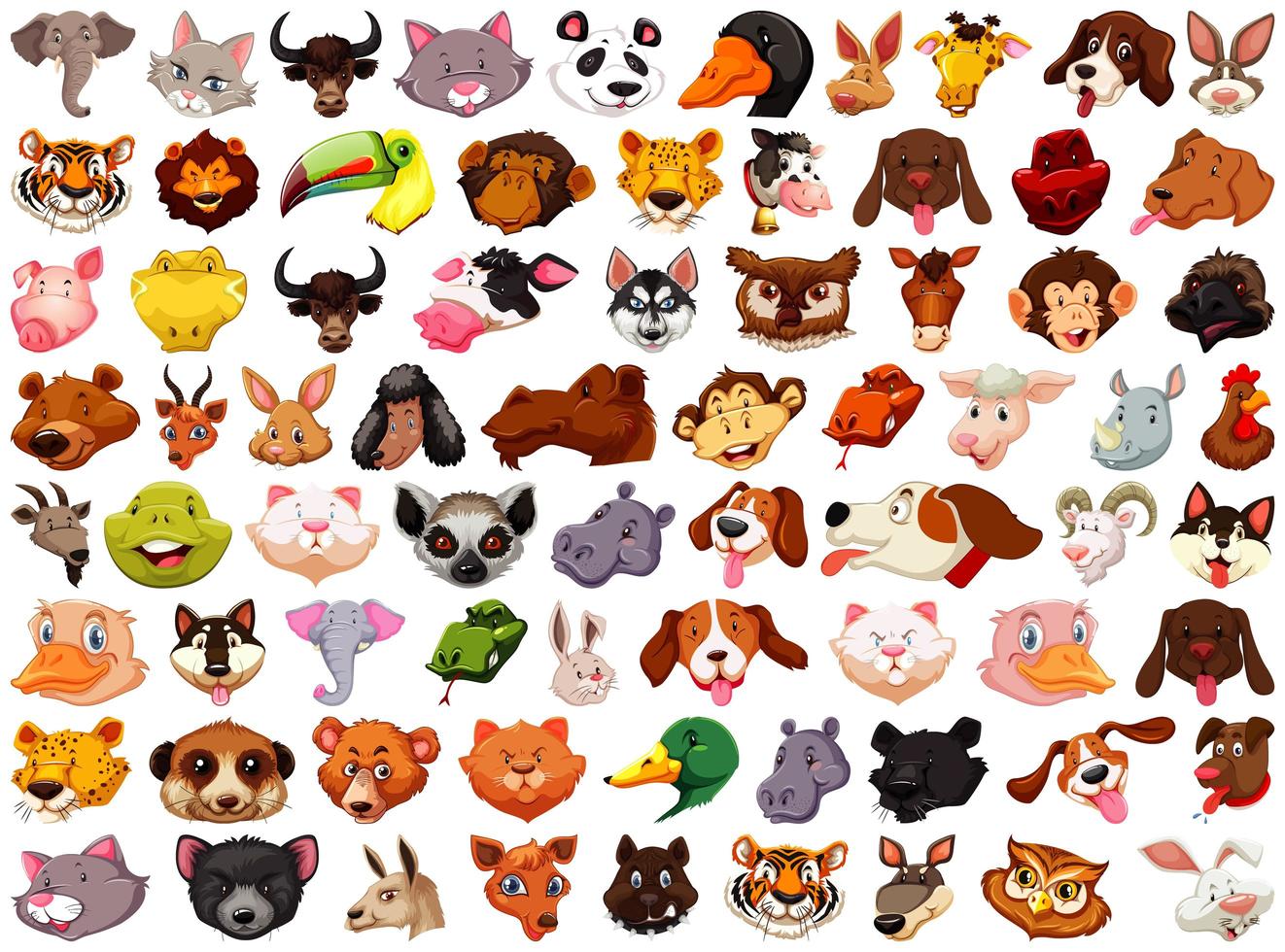 Conjunto de diferentes cabezas de animales de dibujos animados en blanco vector