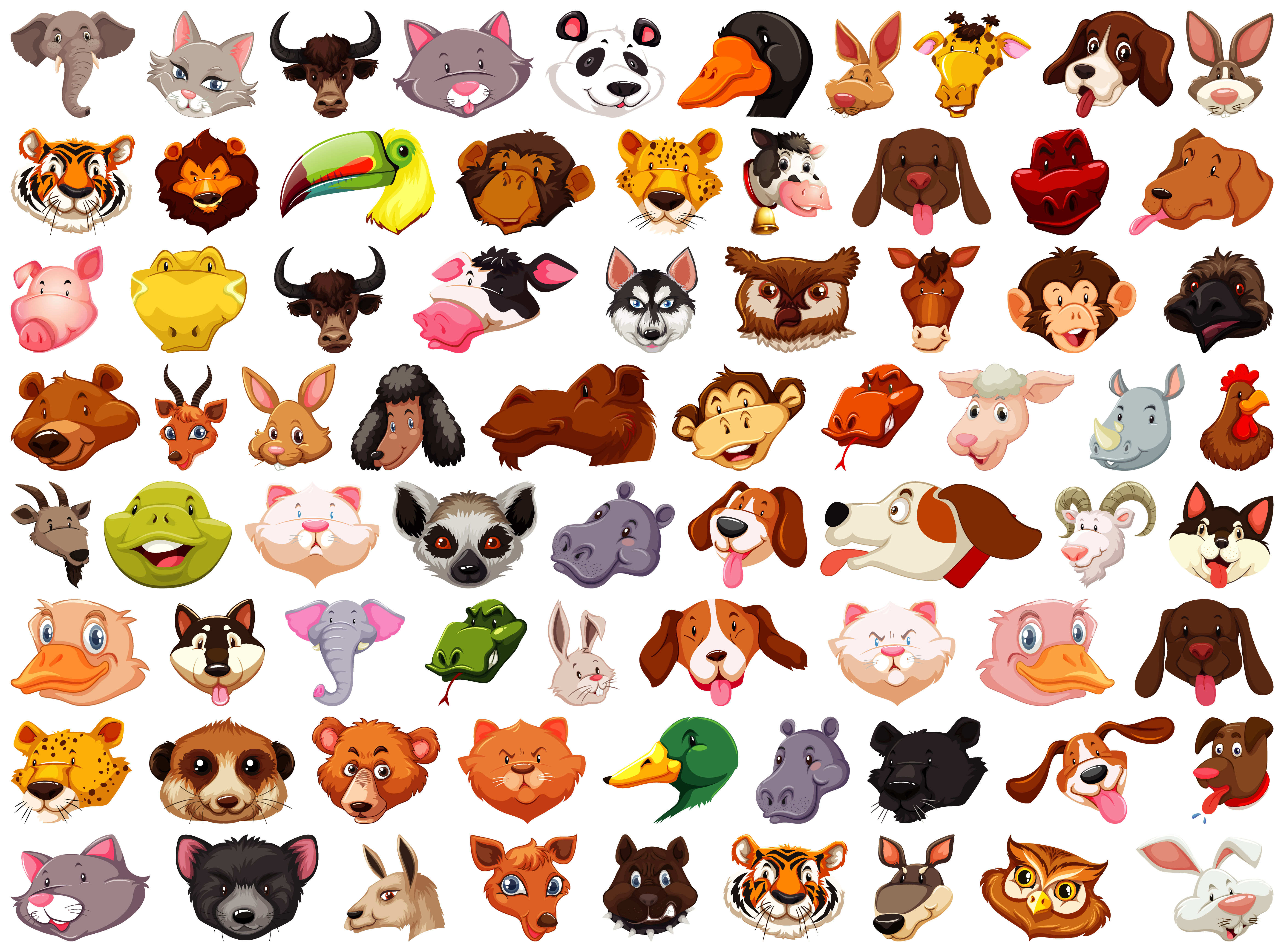 Set of Different Cartoon Animal Heads on White 1381004 Vector Art at  Vecteezy