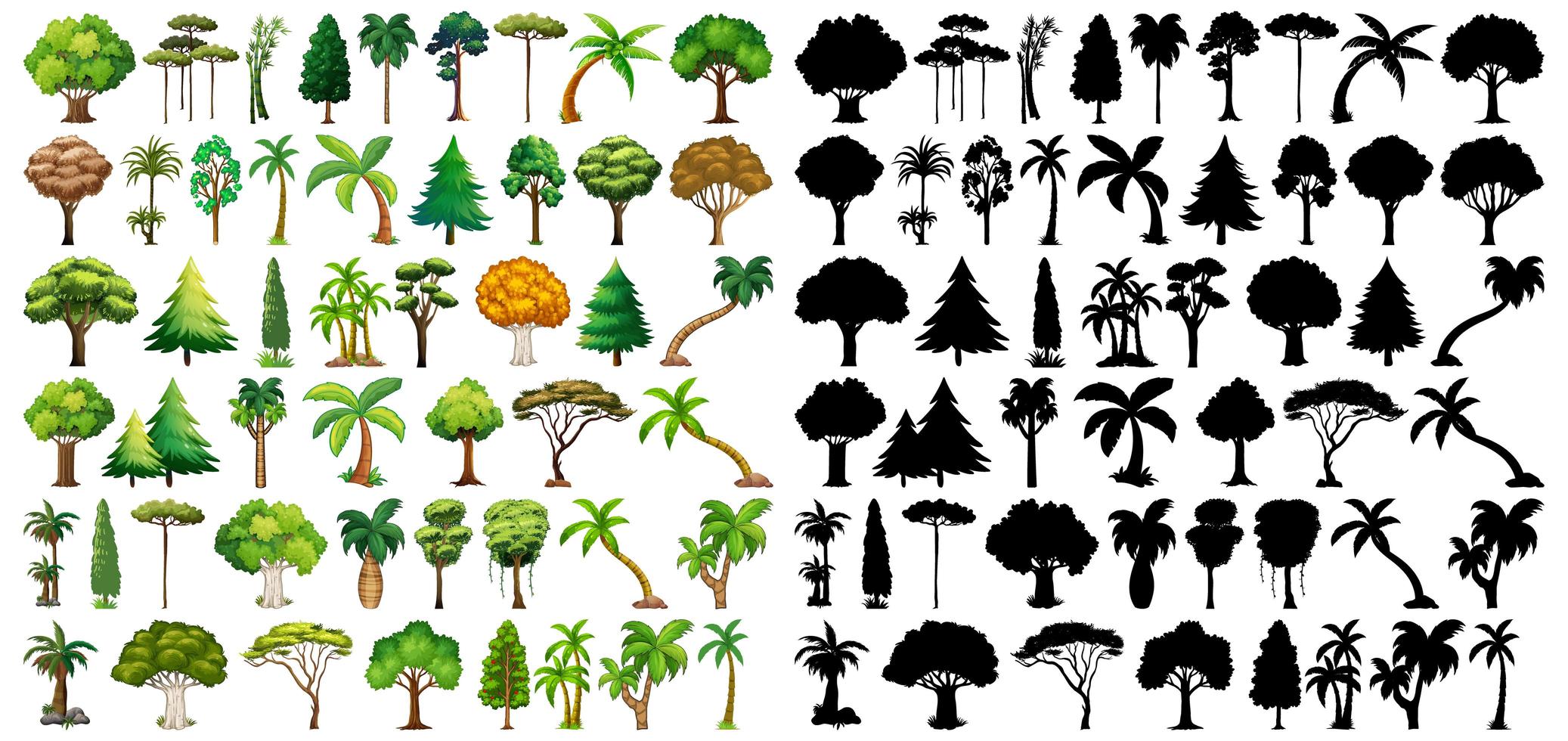 Set of Plants and Trees with Silhouettes vector