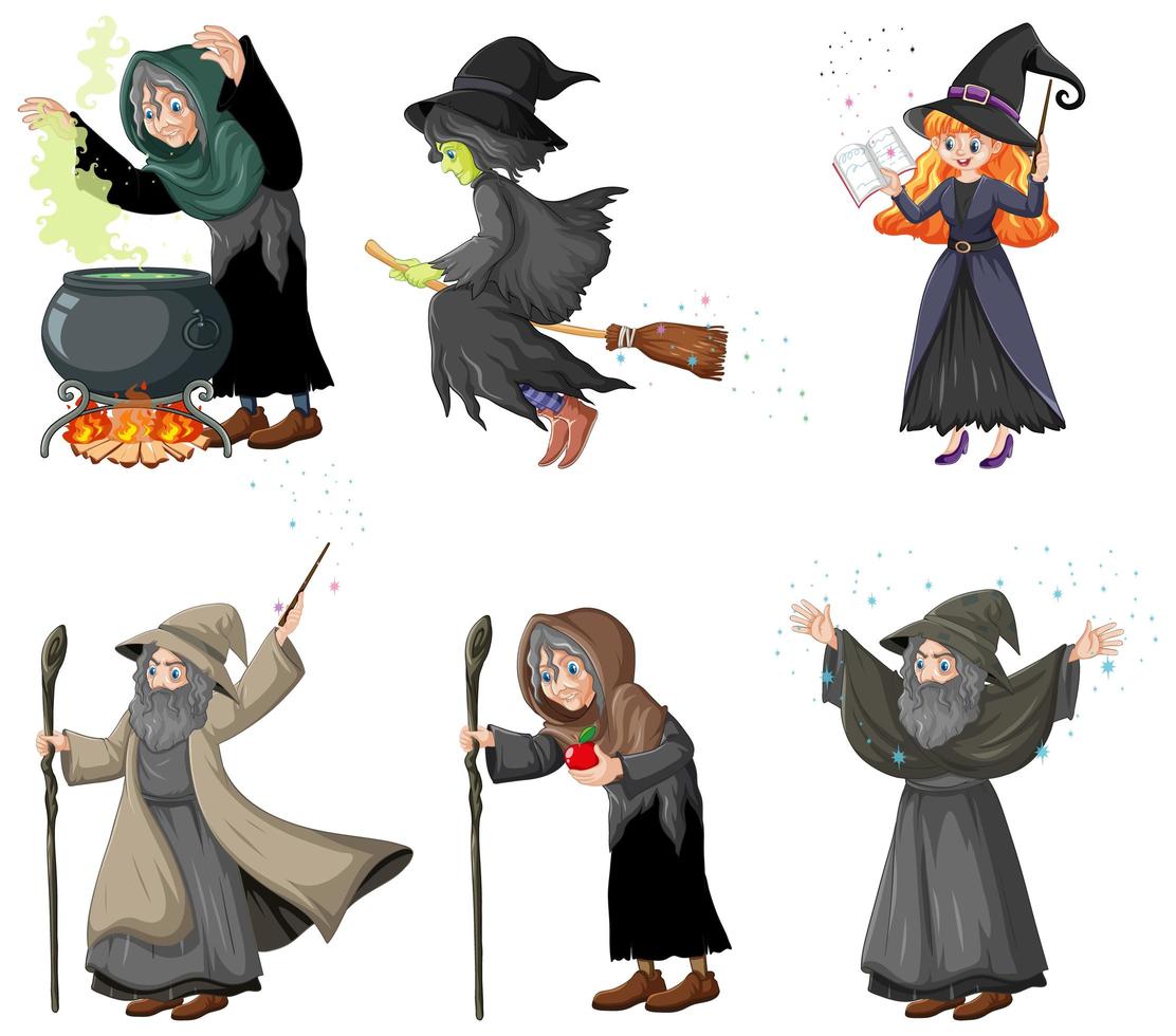 Cartoon Style Wizard and Witches with Magic Tools vector