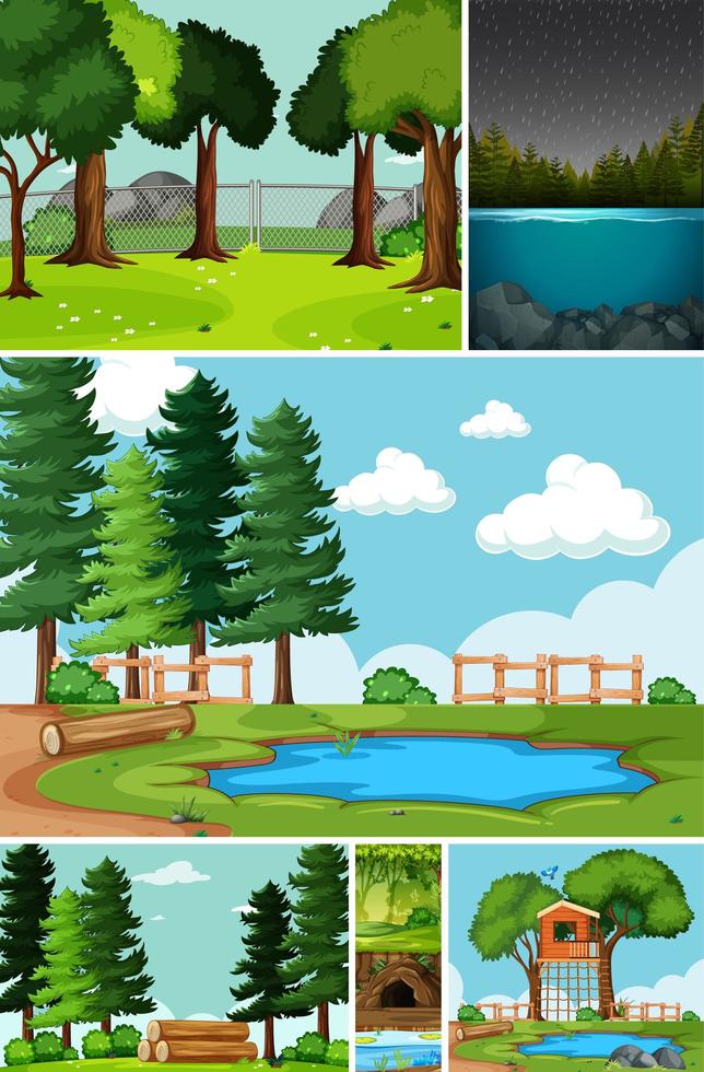 seis escenas diferentes en estilo de dibujos animados de entorno natural vector