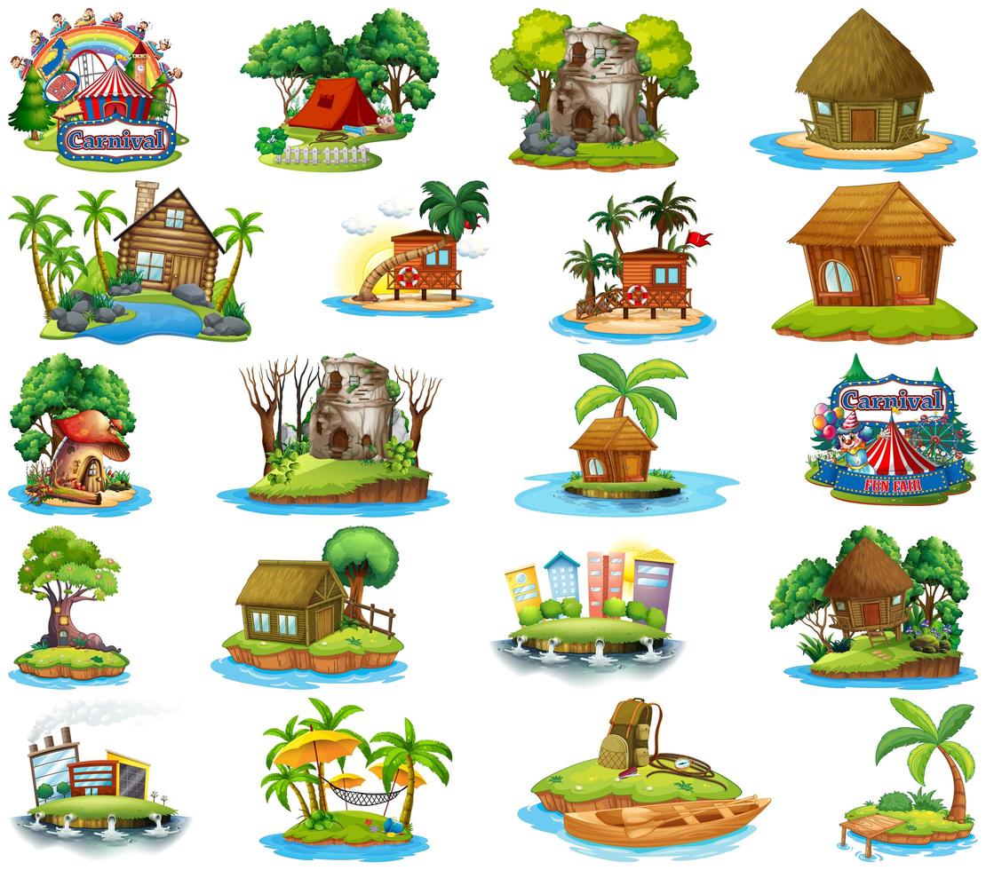 Conjunto de diferentes bungalows y tema de playa de la isla. vector