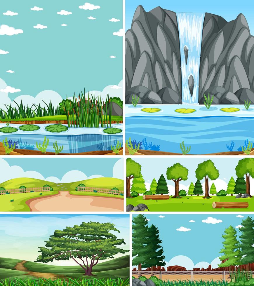 seis escenas diferentes en estilo de dibujos animados de entorno natural vector