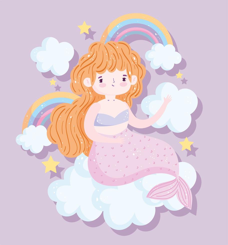 pequeña sirena rubia con arcoiris y nubes vector