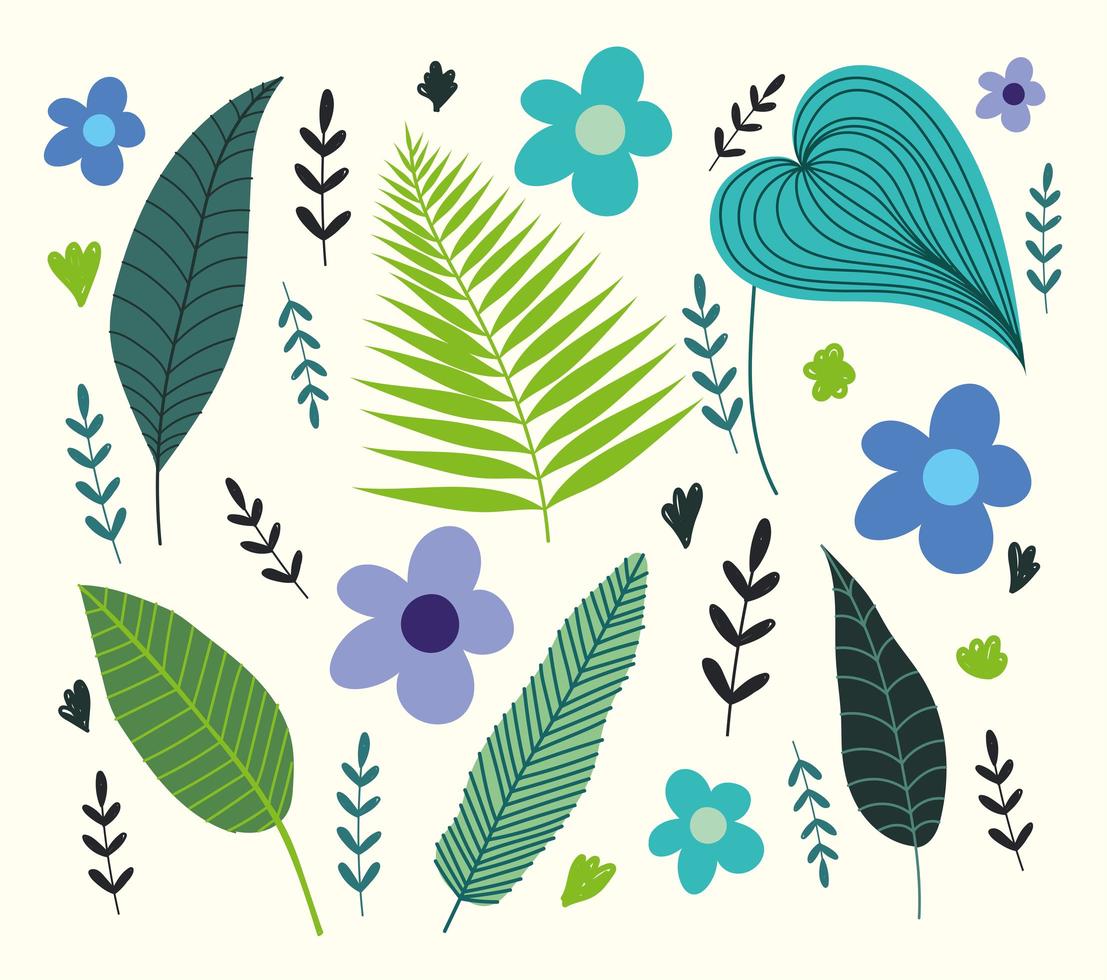 Tropical leaves, foliage and flowers vector