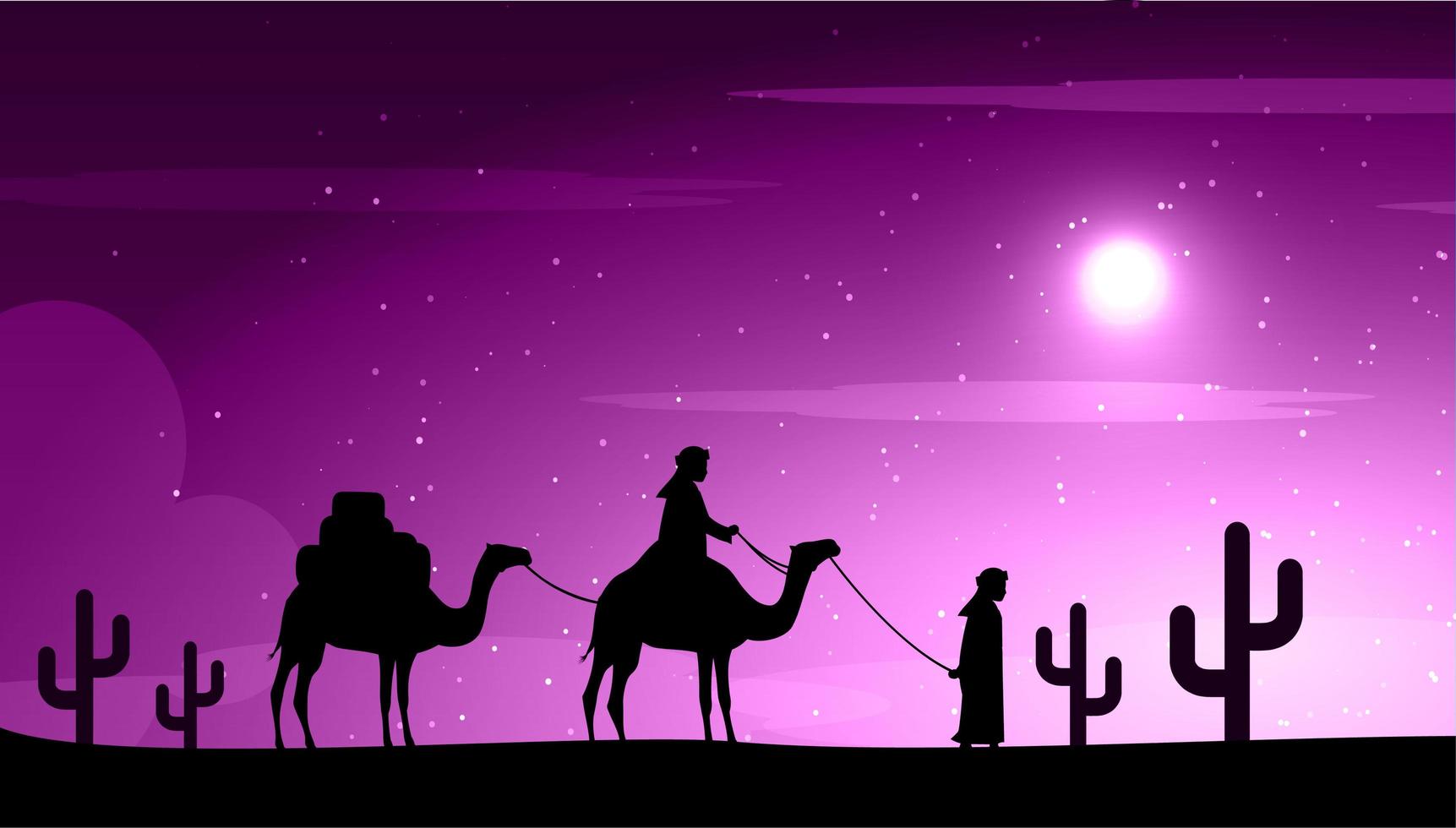 Camels in the desert night under moon vector