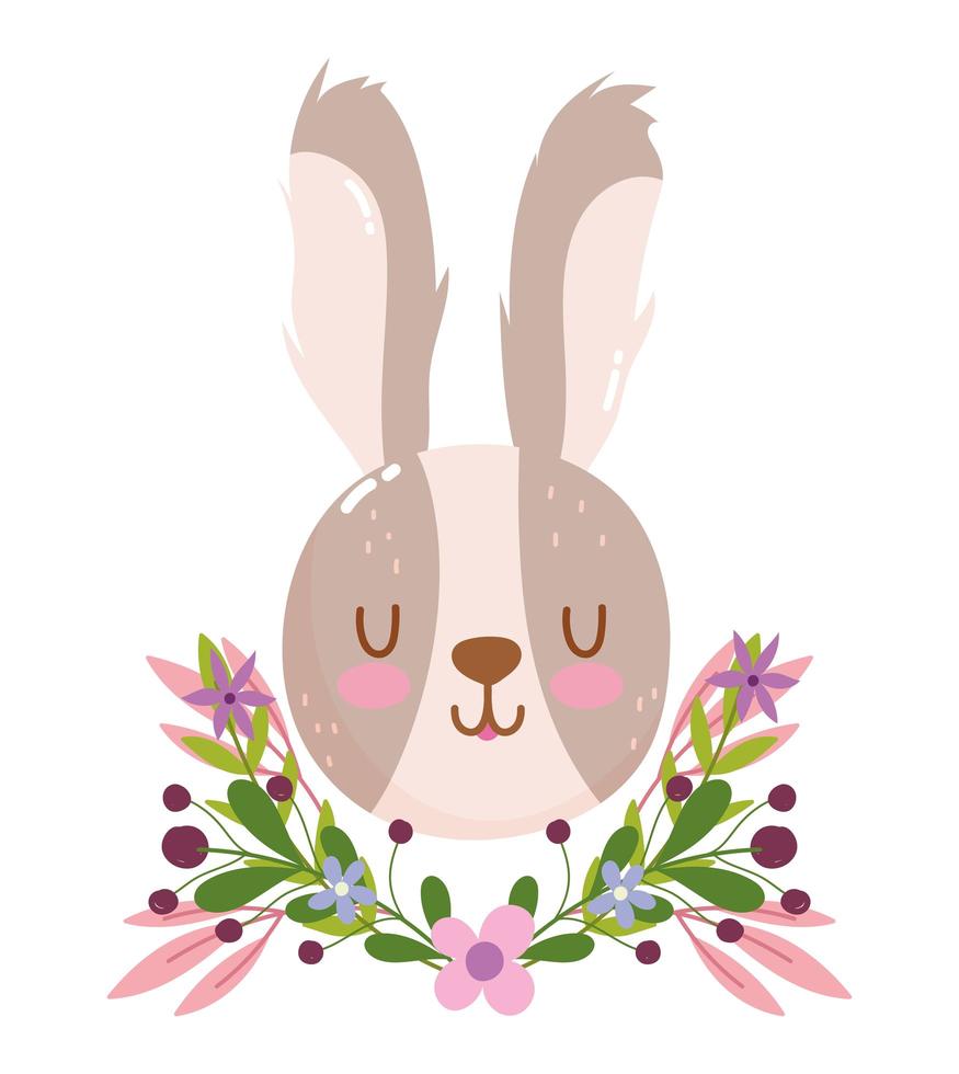 linda cabeza de conejo con flores y decoración de follaje vector