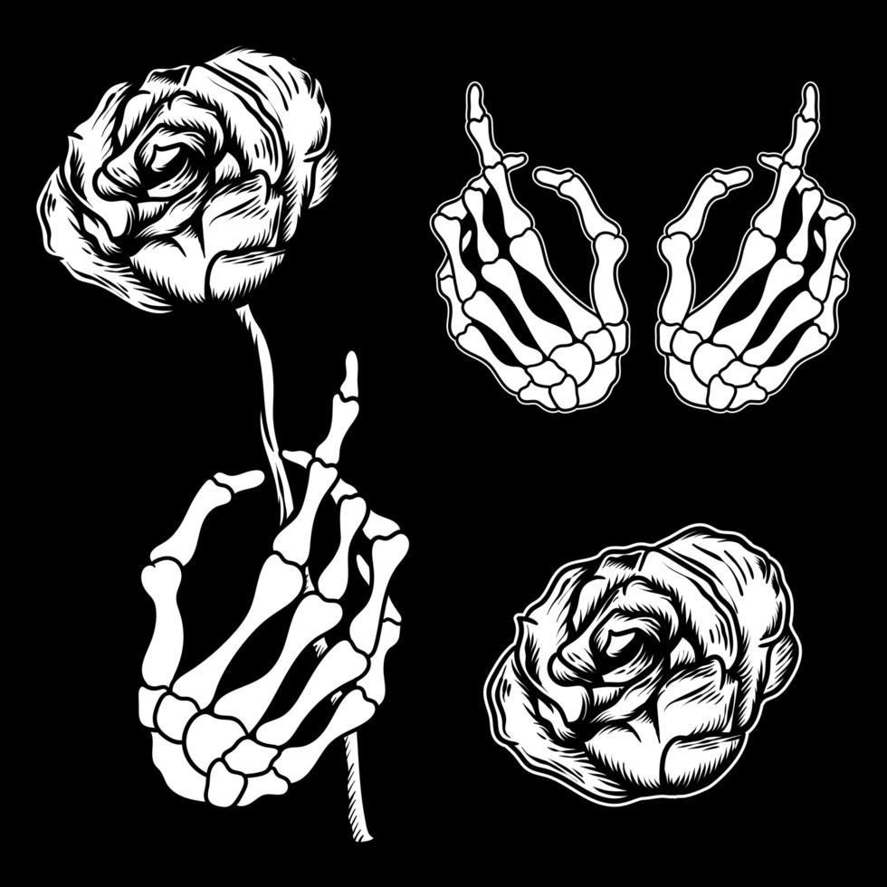 conjunto de manos de calavera y rosas vector