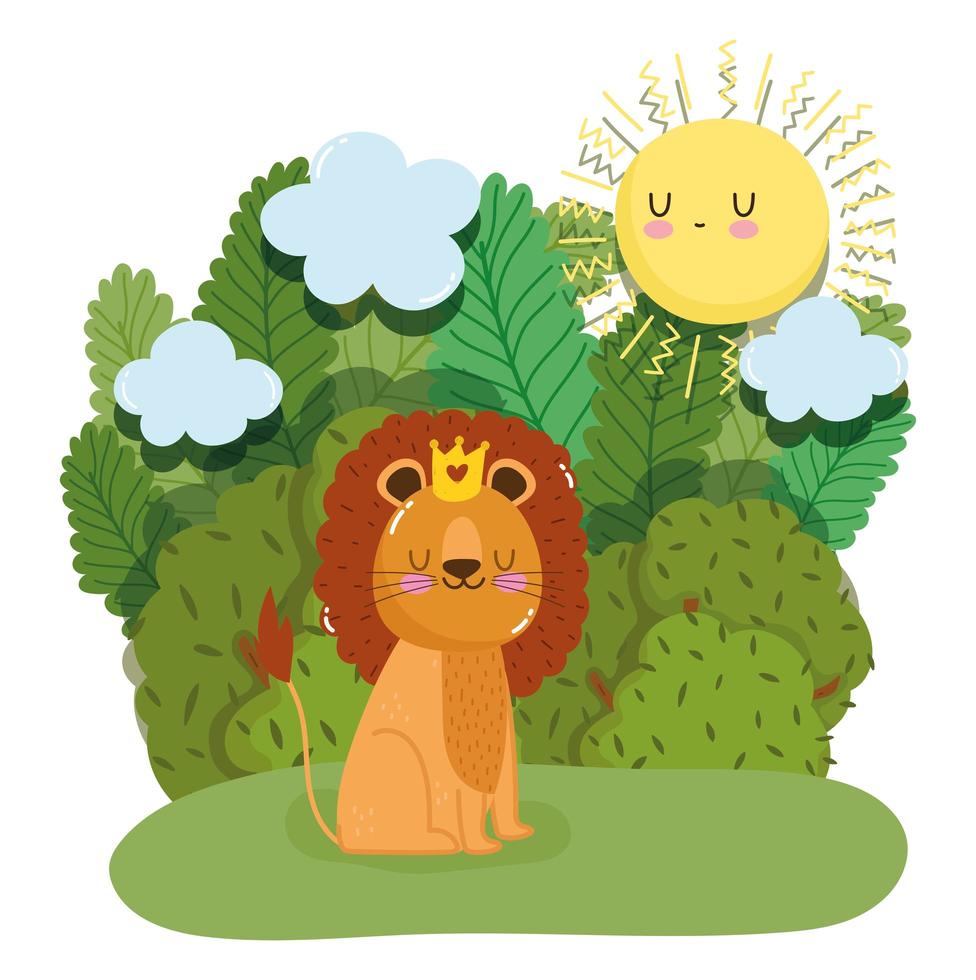 lindo rey león con corona en la naturaleza del bosque vector