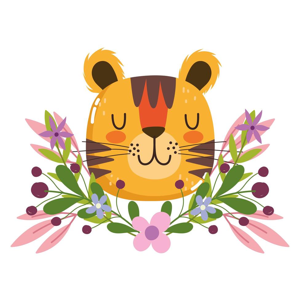 linda cabeza de tigre con flores y decoración de follaje vector