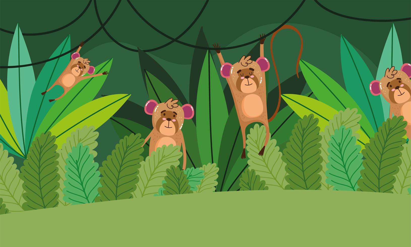 Cute monkeys in trees. Forest nature wild cartoon vector