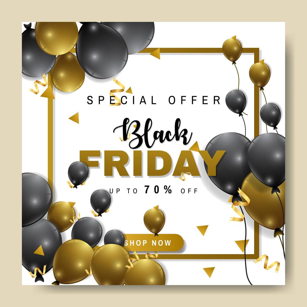 Square gold and black balloon Black Friday banner vector