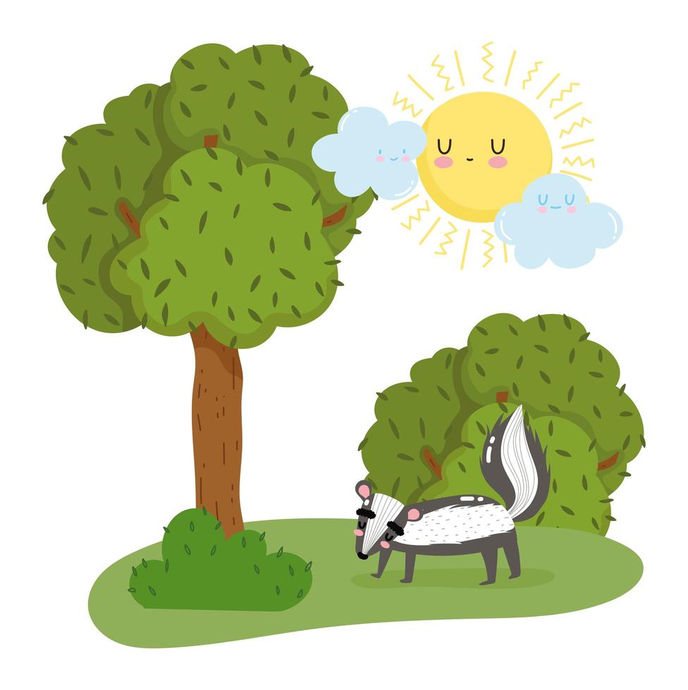 Cute skunk in tree and bushes vector