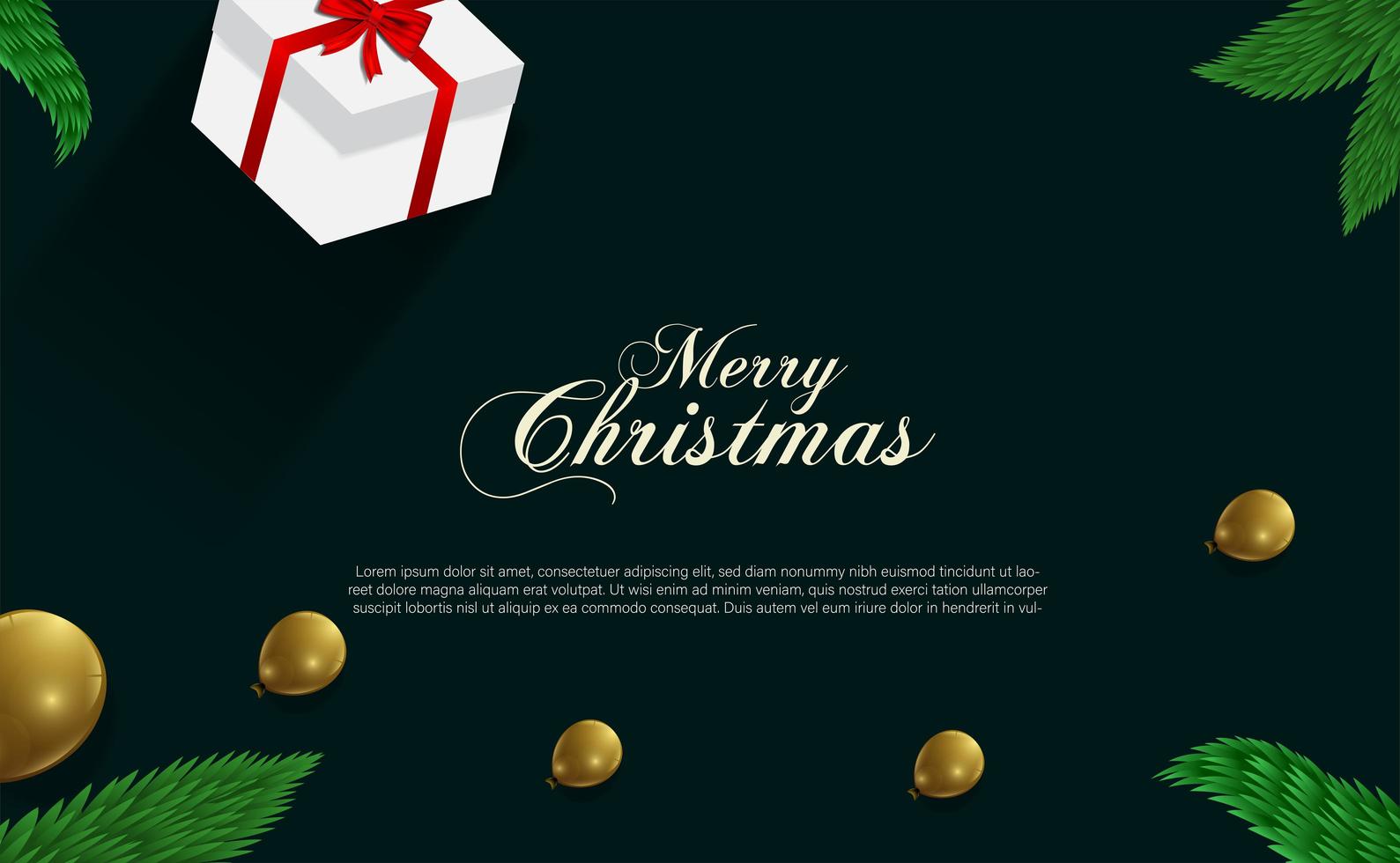 Christmas design with gold balloons, branches and gift vector