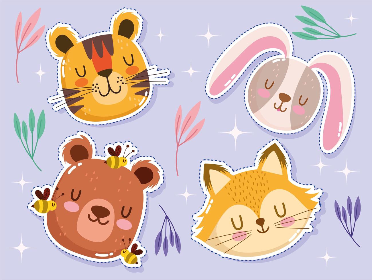 Adorable little tiger, rabbit, fox, bear, and bees vector