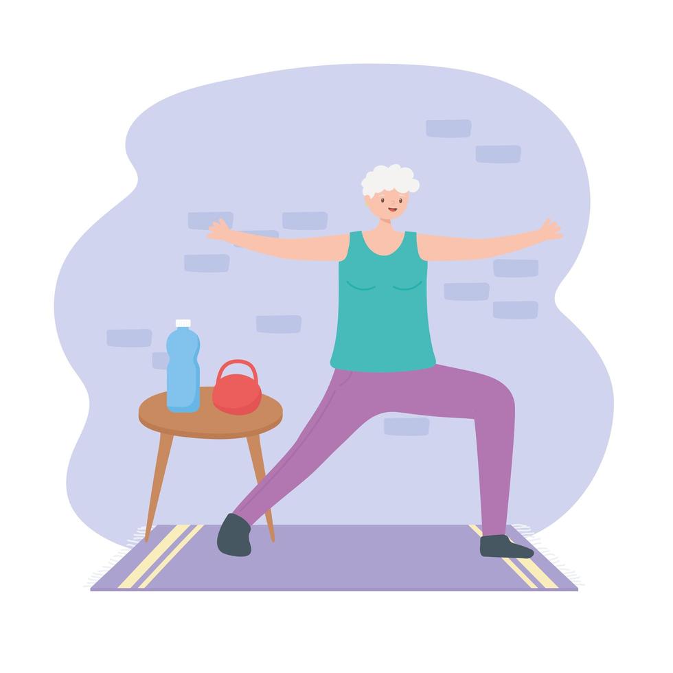 Elderly woman exercising indoors vector