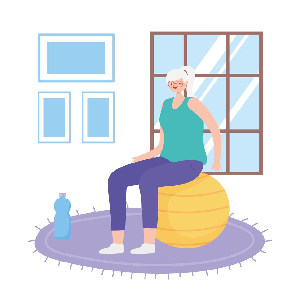 Elderly woman exercising indoors vector