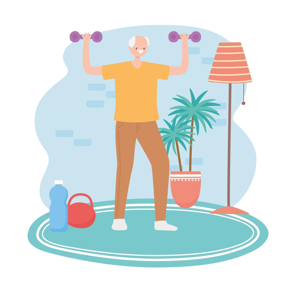 Elderly man exercising indoors vector