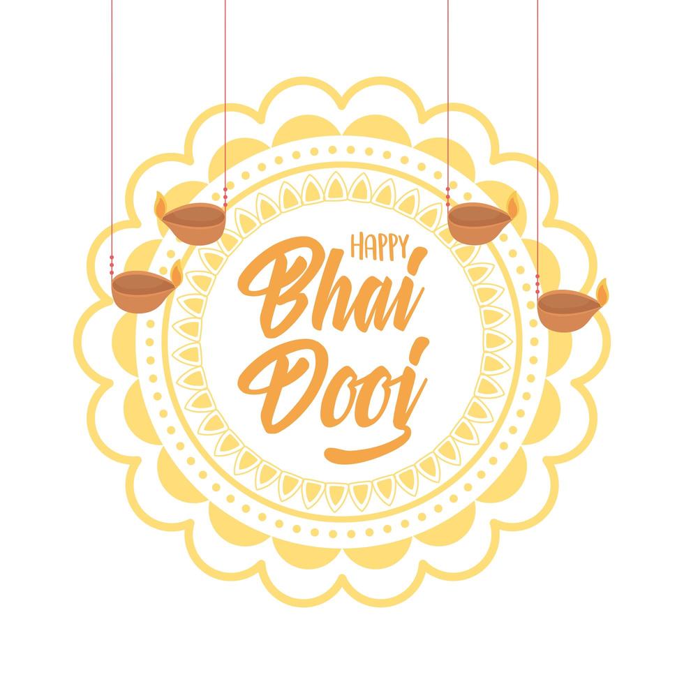 Happy Bhai Dooj. Floral mandala and hanging diya lamps vector