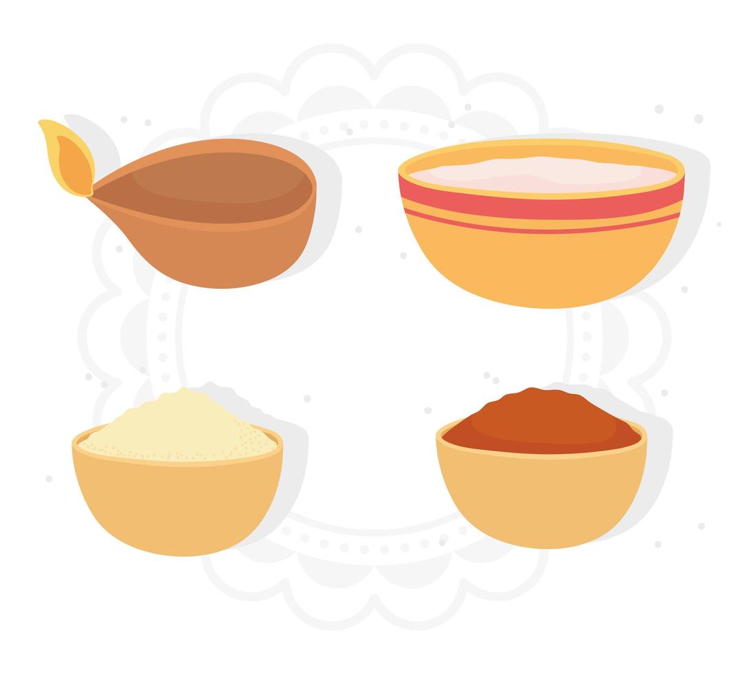 feliz bhai dooj. luz, especias, comida en tazones vector