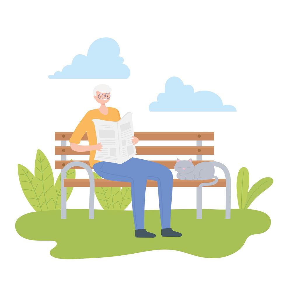 Elderly man reading a newspaper outdoors vector